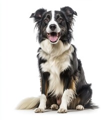 A black and white border collie sits in front of a white background
