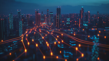 Fototapeta premium Smart digital Innovation city with connection network reciprocity over the cityscape. of future smart wireless digital city and social media networking systems that connects people with in city