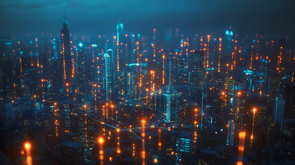 Obraz premium Smart digital Innovation city with connection network reciprocity over the cityscape. of future smart wireless digital city and social media networking systems that connects people with in city