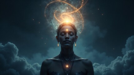 Meditative woman with glowing energy swirling above her head in a mystical atmosphere during a night sky