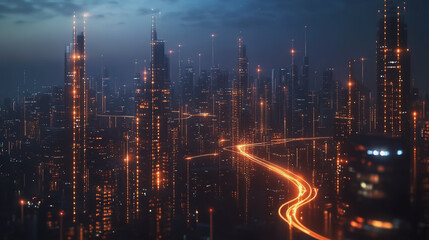 Obraz premium Smart digital Innovation city with connection network reciprocity over the cityscape. of future smart wireless digital city and social media networking systems that connects people with in city