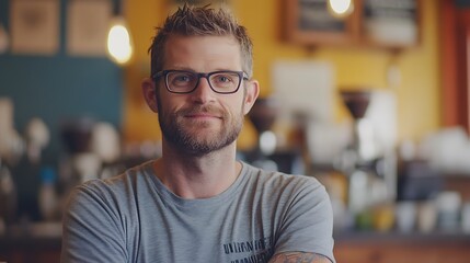 Obraz premium Close-up Photo: Confident Barista Smiling Gently in Busy Coffee Shop. AI Generated