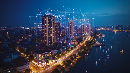 Smart digital Innovation city with connection network reciprocity over the cityscape. of future smart wireless city and social media networking systems that connects business people with in city