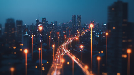 Obraz premium Smart digital Innovation city with connection network reciprocity over the cityscape. of future smart wireless city and social media networking systems that connects business people with in city