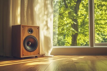 Elegant wooden speaker next to a sunlit window with sheer curtains, showcasing a serene indoor...