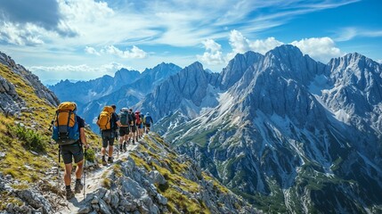 Adventurous Hikers with Backpacks Traversing Rocky Mountain Ridge Against Dramatic Mountain Range and Blue Sky Background