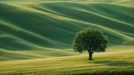 Majestic Solitary Tree Standing Proudly Amidst Rolling Green Hills Under Clear Sky