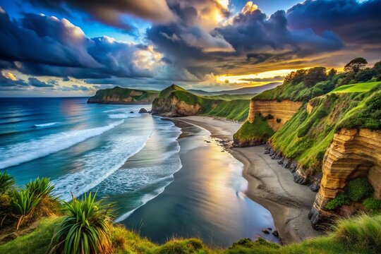 Dramatic Long Exposure of Coopers Beach Cliffs, Doubtless Bay, New Zealand