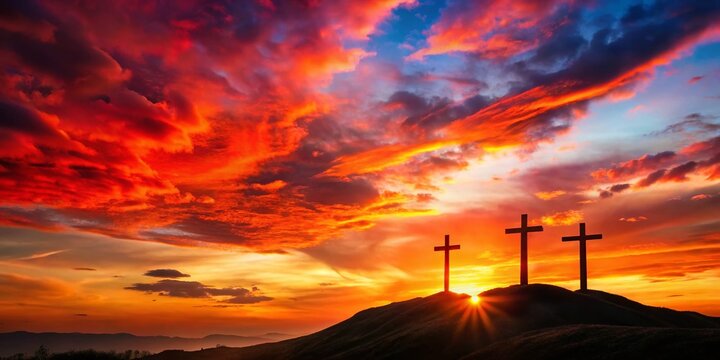 Dramatic Sunset over Calvary Hill, Three Crosses Silhouette, Christian Golgotha Landscape