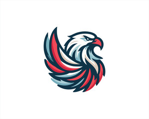 Eagle logo design vector illustration in American flag color. American Eagle icon logo template. 