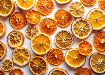 Obraz premium Dried Oranges Flat Lay, Aerial View, White Background, Organic Fruit, Healthy Snack