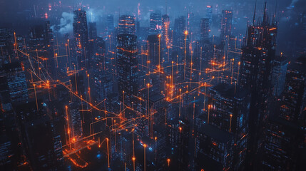 Fototapeta premium Smart digital Innovation city with connection network reciprocity over the cityscape. of future smart wireless city and social media networking systems that connects business people with in city