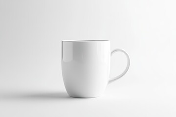 Fototapeta premium A white ceramic coffee mug featuring a handle is placed on a white surface