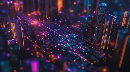 Smart digital Innovation city with connection network reciprocity over the cityscape. of future smart wireless city and social media networking systems that connects business people with in city