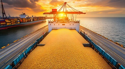 Cargo ships loaded with dried corn at the port. This gives an idea of ​​world trade and import or export. And encourages the transportation of goods by sea.