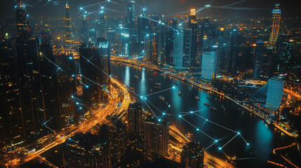 Fototapeta premium Smart digital Innovation city with connection network reciprocity over the cityscape. of future smart wireless city and social media networking systems that connects business people with in city