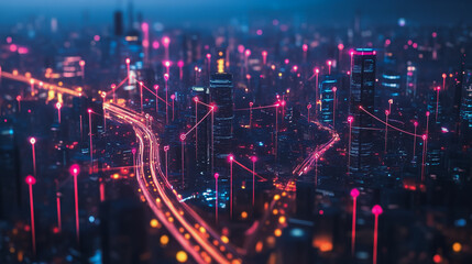 Obraz premium Smart digital Innovation city with connection network reciprocity over the cityscape. of future smart wireless city and social media networking systems that connects business people with in city