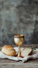 Golden chalice and bread on linen cloth, symbolizing abundance and sharing