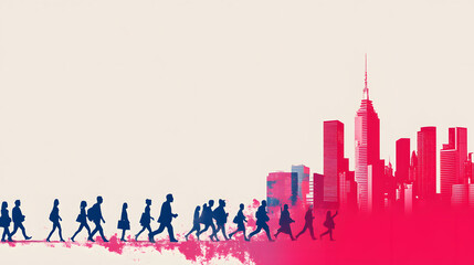 Silhouettes of people walking towards a vibrant city skyline with artistic colors