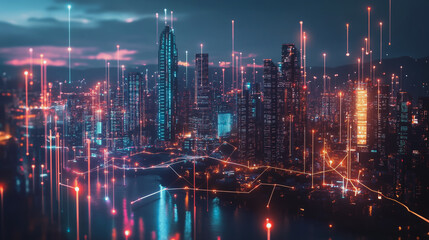 Fototapeta premium Smart digital Innovation city with connection network reciprocity over the cityscape. of future smart wireless city and social media networking systems that connects business people with in city