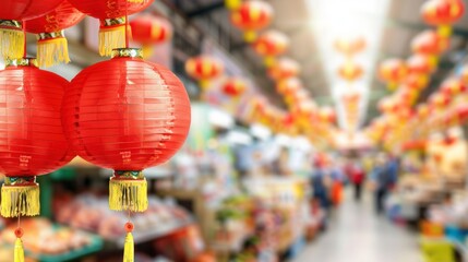 Chinese New Year Red Lanterns Hanging in a Bustling Market Filled with Colorful Decorations and Vibrant Atmosphere, Celebrating Cultural Events and Festivals
