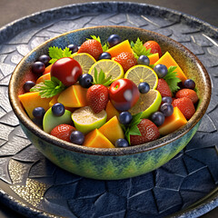 A colorful bowl of fresh fruit salad with strawberries. blueberries. papaya. and lime.