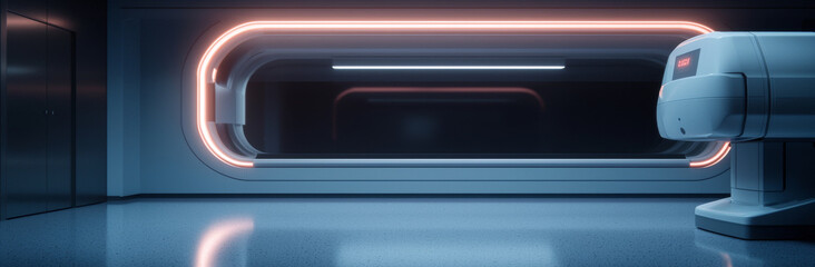 futuristic medical scanner in sleek, high tech environment with glowing accents