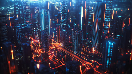 Fototapeta premium Smart digital Innovation city with connection network reciprocity over the cityscape. of future smart wireless city and social media networking systems that connects business people with in city