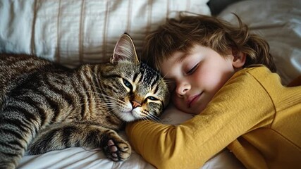 A child and a cat share a tender moment while sleeping together. This image showcases the bond between pets and children. Ideal for family and pet-themed projects. AI