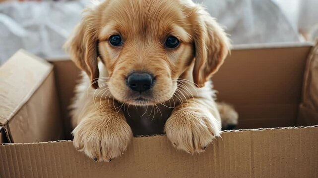 Close-up of a small dog in a box. Selective focus