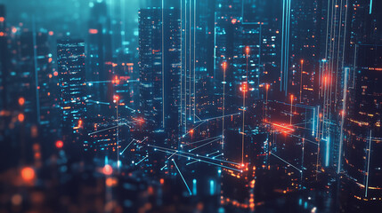 Smart digital Innovation city with connection network reciprocity over the cityscape. of future smart wireless city and social media networking systems that connects business people with in city