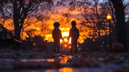 Fototapeta premium Two children silhouetted against a vibrant sunset, holding a wreath in a park setting.