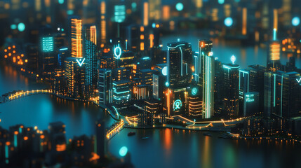 Smart digital Innovation city with connection network reciprocity over the cityscape. of future smart wireless city and social media networking systems that connects business people with in city