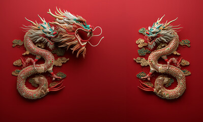 Fototapeta premium Majestic ancient Chinese dragon design isolated against a vibrant red background showcasing intricate details and traditional cultural elements