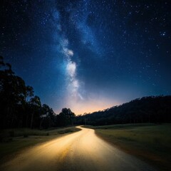 Serene Night Landscape Road Under Starry Sky with Vibrant Milky Way and Gentle Light Illuminating the Path, Inviting Exploration and Reflection in Nature