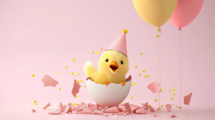 Happy Birthday with Baby Chick Celebrating with Balloons and Confetti in a Light and Playful Atmosphere with Broken Egg Shells on a Pink Background