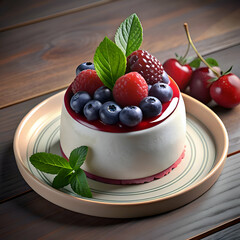 A delicious berry-topped dessert on a plate.