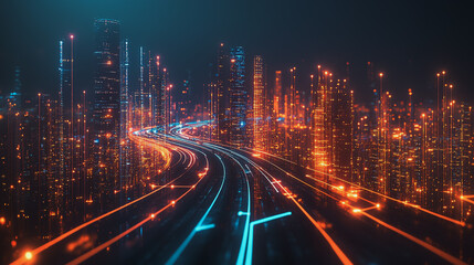 Fototapeta premium Smart digital Innovation city with connection network reciprocity over the cityscape. of future smart wireless city and social media networking systems that connects business people with in city