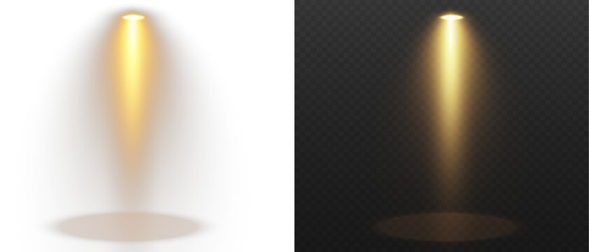 Golden spotlight shines on transparent background. Glowing light effect. Scene spotlight on stage. Spotlight PNG. Vector lights: source, studio, walls. PNG file.