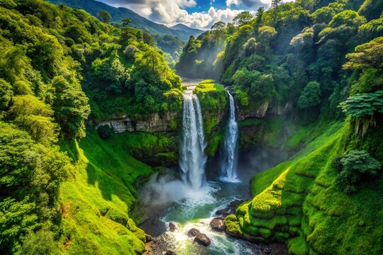 Ecuador Machay River: Majestic Double Waterfall Aerial View
