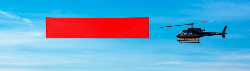 Obraz premium helicopter flying in clear blue sky, towing large red banner, creates striking visual