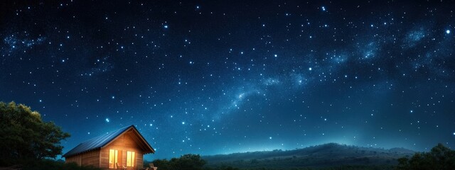 Naklejka premium Serene Night Sky Over Rustic Cabin Surrounded by Nature and Stars, Illuminated Windows Create Cozy Atmosphere in Peaceful Wilderness Setting
