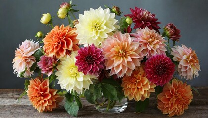 Colorful dahlias arranged in a classic floral bouquet