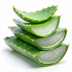 Fresh Aloe Vera Leaves Stacked on White Background.