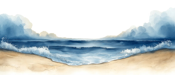 Serene Coastal Watercolor: Tranquil ocean waves gently lapping on a sandy shore, painted in calming shades of blue and beige.  A picturesque watercolor landscape perfect for relaxation and serenity. 
