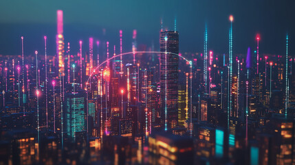 Obraz premium Smart digital Innovation city with connection network reciprocity over the cityscape. of future smart wireless city and social media networking systems that connects business people with in city