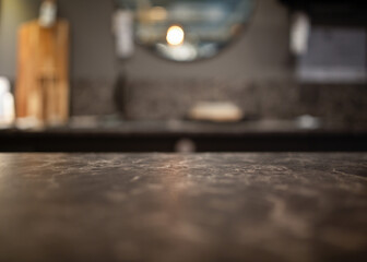 Close up of kitchen countertop with blurred background, shallow depth of field