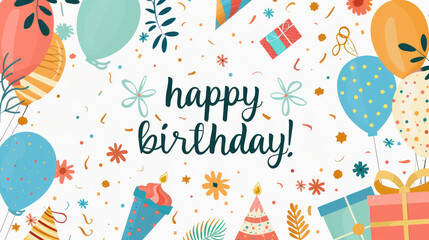Fototapeta premium Birthday Celebration Background with Colorful Balloons, Cake, Gifts, and Cheerful Decorations for Party or Invitation Design