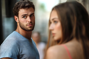 Fototapeta premium Disloyal man with his girlfriend looking at another girl