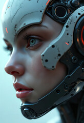 Fototapeta premium A woman with a white helmet on her head. The helmet has a black and red design. The woman has a sad expression on her face